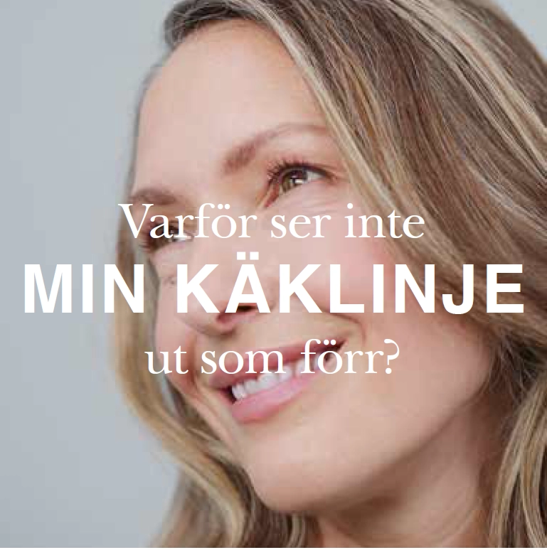 En kvinna med ljust hår ler mjukt; vit text på svenska över bilden lyder: "Varför ser inte MIN KÄKLINJE ut som förr?" översatt till "Why doesn't my jawline look like it used to?".